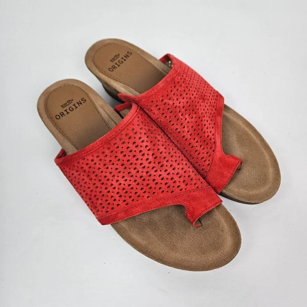 Earth Origins Pico Pearl Spicy Red Perforated Suede Toe Loop Low Wedge Sandal - Picture 3 of 13